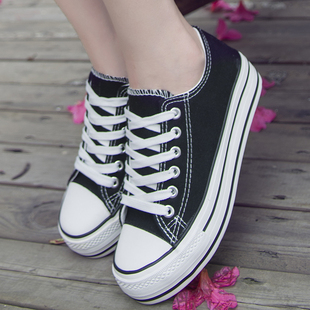 夏季款白色球鞋女士韩版厚底帆布鞋低帮运动休闲系带内增高单鞋潮