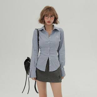 girlyhalo美式学院风辣妹衬衫，长袖女秋季条纹，设计感修身收腰衬衣