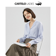 蓝色v领雪纺长袖衬衫女春装，2024韩版宽松时尚气质古巴领衬衣