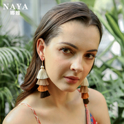 欧美流苏耳环女手工多层彩色耳坠长款扇形波西米亚民族风耳饰品