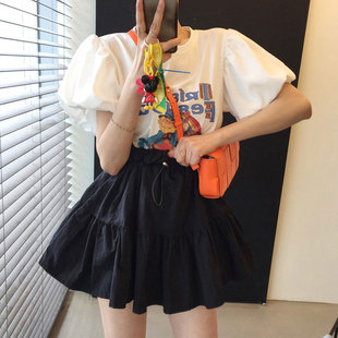 韩国chic夏季俏皮减龄圆领卡通，字母灯笼袖t恤+高腰抽绳蓬蓬半身裙