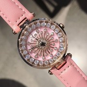 款表皮带镶钻贝壳粉红色大气腕表时尚会转动蒂米妮士手表女