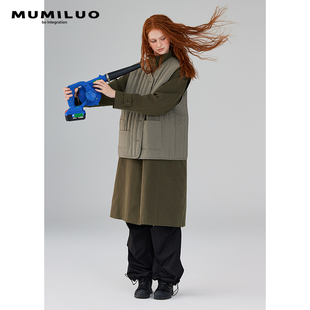 mumiluo风衣外套马甲，女2023秋冬中长款军，绿色复古日系两件套