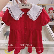 韩国童装23年夏款女童白色大翻领，红色可爱公主连衣裙娃娃裙k二