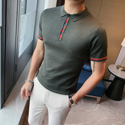 夏季男士T恤韩版修身条纹装饰短袖针织Polo衫时尚青年打底衫