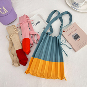 韩国chic撞色斜挎包可折叠简约百搭针织，手提单肩包遛弯购物袋女包