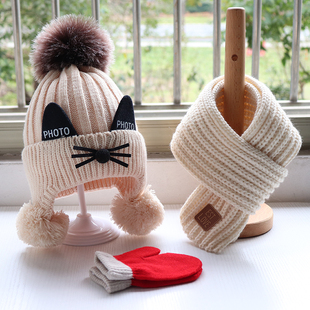 秋冬季宝宝帽子围巾套装，儿童加厚针织，毛线帽子围围脖手套可爱猫咪