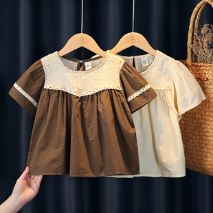 女童短袖衬衫法式娃娃衫夏季女宝宝蕾丝公主上衣小童洋气半袖衬衣