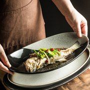 蒸鱼盘椭圆形剁椒鱼头大号陶瓷盘子，家用创意餐厅平盘菜盘汤盘