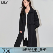 lily2024春女装复古气质，通勤款时尚，腰带黑色垂感长款风衣外套