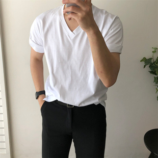 MRDONG韩国男装气质V领时尚简约纯色打底百搭OOTD宽松短袖T恤