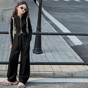 女童套装春秋款洋气时髦2024韩版中大童长袖短款外套两件套潮