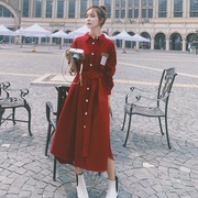 红色连衣裙女长袖2023春季秋装灯芯绒法式订婚日常可穿长裙子
