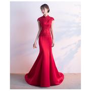 cosplay红色蕾丝鱼尾款显瘦小拖尾婚纱礼服2024春季宴会