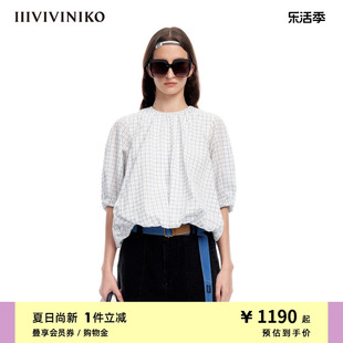 IIIVIVINIKO夏季泡泡袖系带全棉格纹短衬衫上衣女M320446188C