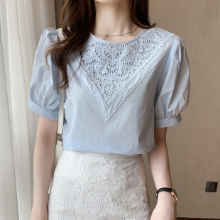 白色衬衫女夏季2024韩版钩花，镂空泡泡袖蕾丝，上衣宽松显瘦衬衣
