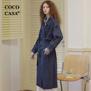 cococasa原创设计2024春秋蓝色牛仔风衣女中长款系带欧货大牌外套