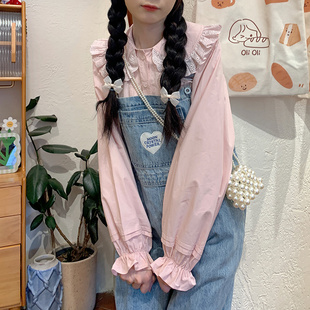 酱果自制法式复古优雅长袖喇叭袖棉娃娃领蕾丝花边古着感长款衬衫