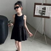 女童连衣裙夏季赫本风小裙子儿童女宝宝气质露背黑色吊带裙背心裙