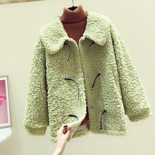 2024冬装韩版娃娃翻领皮毛，一体羊羔毛外套(毛外套，)女加厚宽松绿色大衣