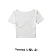 纯欲基础款白色蕾丝V领拼接短袖短款露脐弹力棉弹T恤辣妹修身上衣