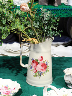 出口单复古花卉装饰花瓶经典淡灰大号陶瓷奶壶瓶客厅摆饰手提花篮