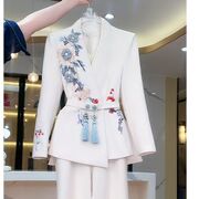新中式国潮手工刺绣中袖西装女2023年春夏设计感收腰套装裙