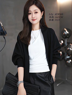 韩版休闲卫衣网红短款黑色长袖，外套女圆领开衫，气质蝙蝠袖上衣
