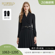 Scofield女装假两件西装裙黑色百褶长袖连衣裙2023秋冬