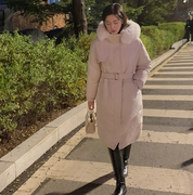 crko棉服韩国2023冬季女装，经典气质淑女毛领系带连帽长款棉衣