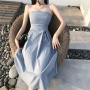 2023夏季韩版小香风高腰漏肩抹胸连衣裙中长款性感超仙女裙子