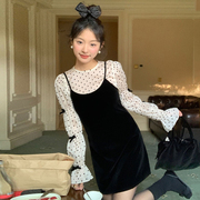 韩国chic春季法式气质蝴蝶结波点百搭长袖衬衫+吊带连衣裙两件套