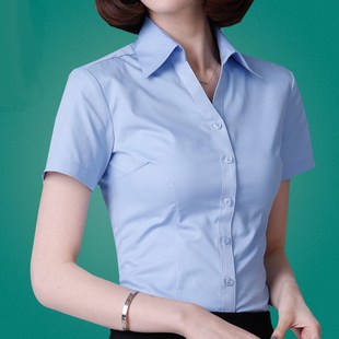 蓝色衬衫女短袖职业装夏季V领大码气质工装女士纯棉工作服蓝衬衣