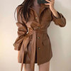 韩国chic秋冬复古帅气深棕色pu皮夹克系带，中长款机车皮衣外套女