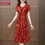 香妮芬红色台湾纱，休闲连衣裙女收腰遮肚子2024夏季减龄妈妈装