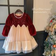 女童秋冬季连衣裙2023高级儿童加厚加绒新年红裙子，洋气公主裙