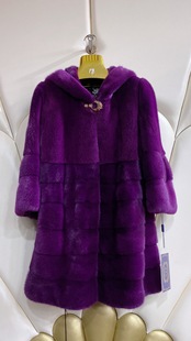 2023进口紫标级水貂皮皮草，女整貂大衣，貂毛外套连帽中长款紫色