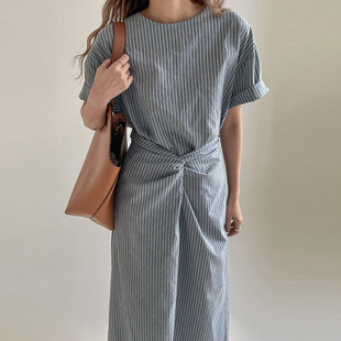 韩国东大门复古气质撞色条纹纽结设计系带收腰显瘦短袖连衣裙女