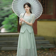 清新文艺复古新中式方领绣花雪纺衬衫半身裙中国风连衣裙两件套装