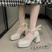 日本超高跟婚鞋白色优雅法式温柔公主粗跟鞋小个子时尚增高新娘鞋