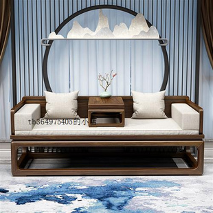 新中式罗汉床实木中式榆木，推拉客厅沙发实木床，现代简约小户型床榻