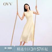 OVV2023春夏女装桑蚕丝混纺优雅一字领A字版型无袖连衣裙