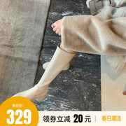 2024韩国真皮粗跟中筒靴女弹力长靴瘦腿靴秋冬款时尚鞋子