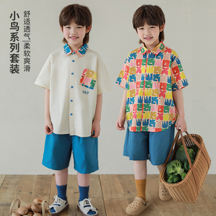 oddtails男童衬衫短裤两件套港风儿童印花韩版夏装宝宝休闲套装潮