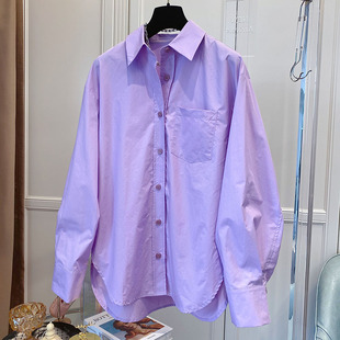 韩国东大门宽松休闲百搭紫色衬衫，女长袖糖果色，打底衫上衣2022春款
