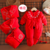 婴儿百日宴宝宝装，连脚棉服满月服手工棉花，连体衣大红色包脚棉衣