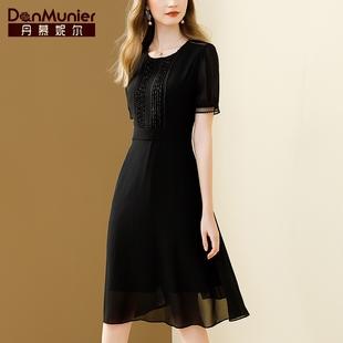 丹慕妮尔法式黑色，雪纺连衣裙女夏季钉珠收腰气质中长裙子