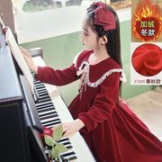女童连衣裙秋冬韩版洋气儿童红色，裙子加绒加厚女孩元旦服冬装