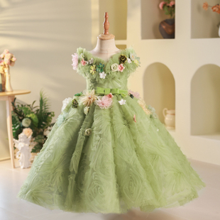 女童礼服绿色精灵森系花朵生日公主裙儿童主持人走秀钢琴演出服春