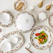 碗碟套装骨瓷家用欧式简约金边米饭碗陶瓷，56头餐具套装微波炉可用